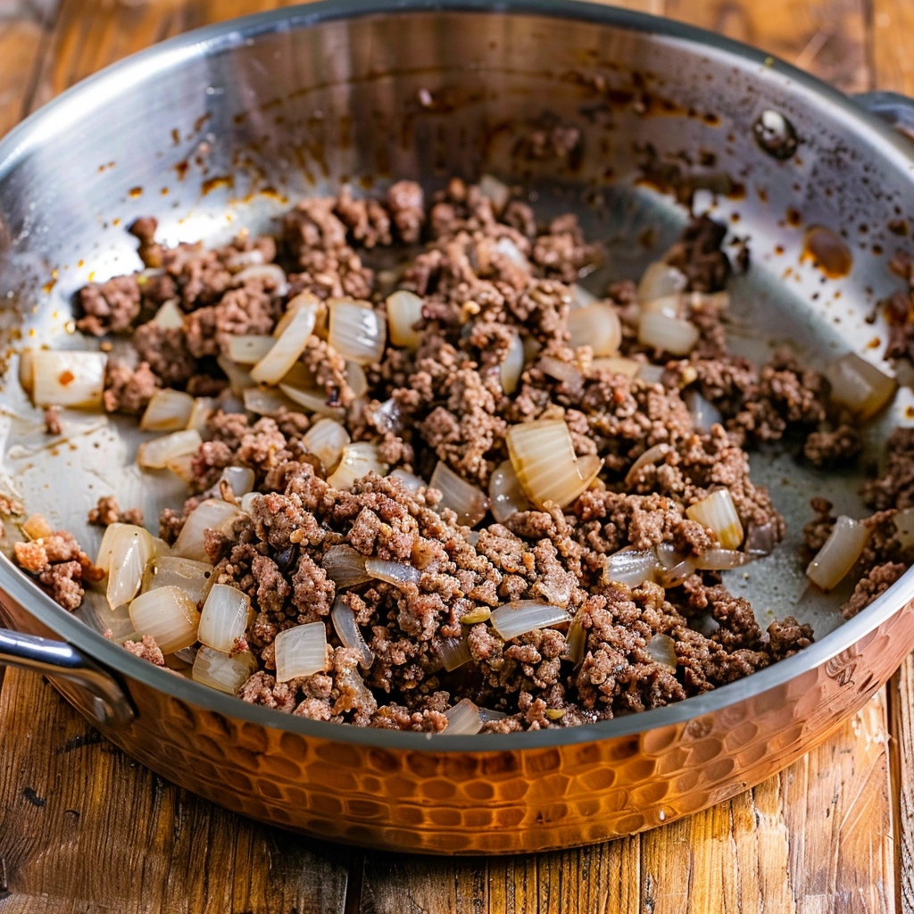Southern Style Hot Dog Chili Recipe (Easy, Homemade & Flavor-Packed) 5 Hot dog chili simmering in a saucepan with wooden spoon