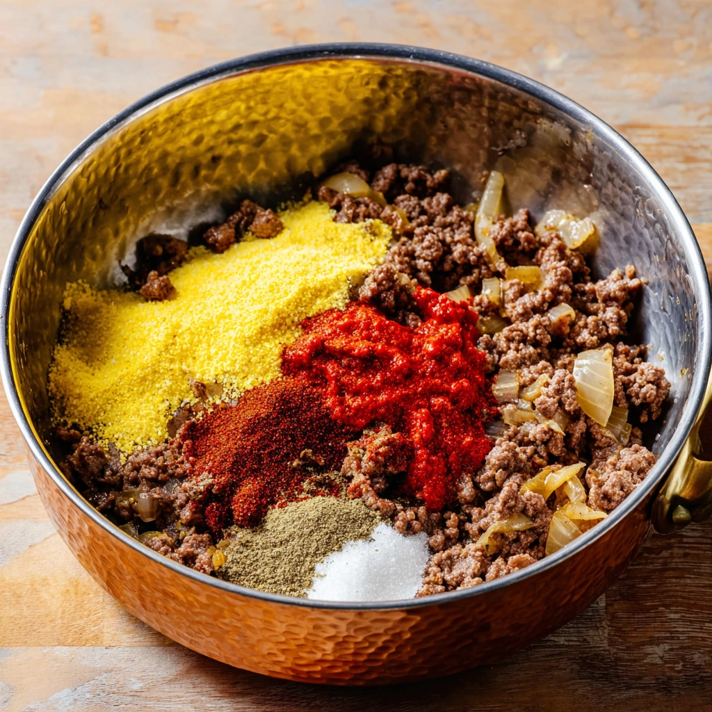 Southern Style Hot Dog Chili Recipe (Easy, Homemade & Flavor-Packed) 6 Hot dog chili simmering in a saucepan with wooden spoon