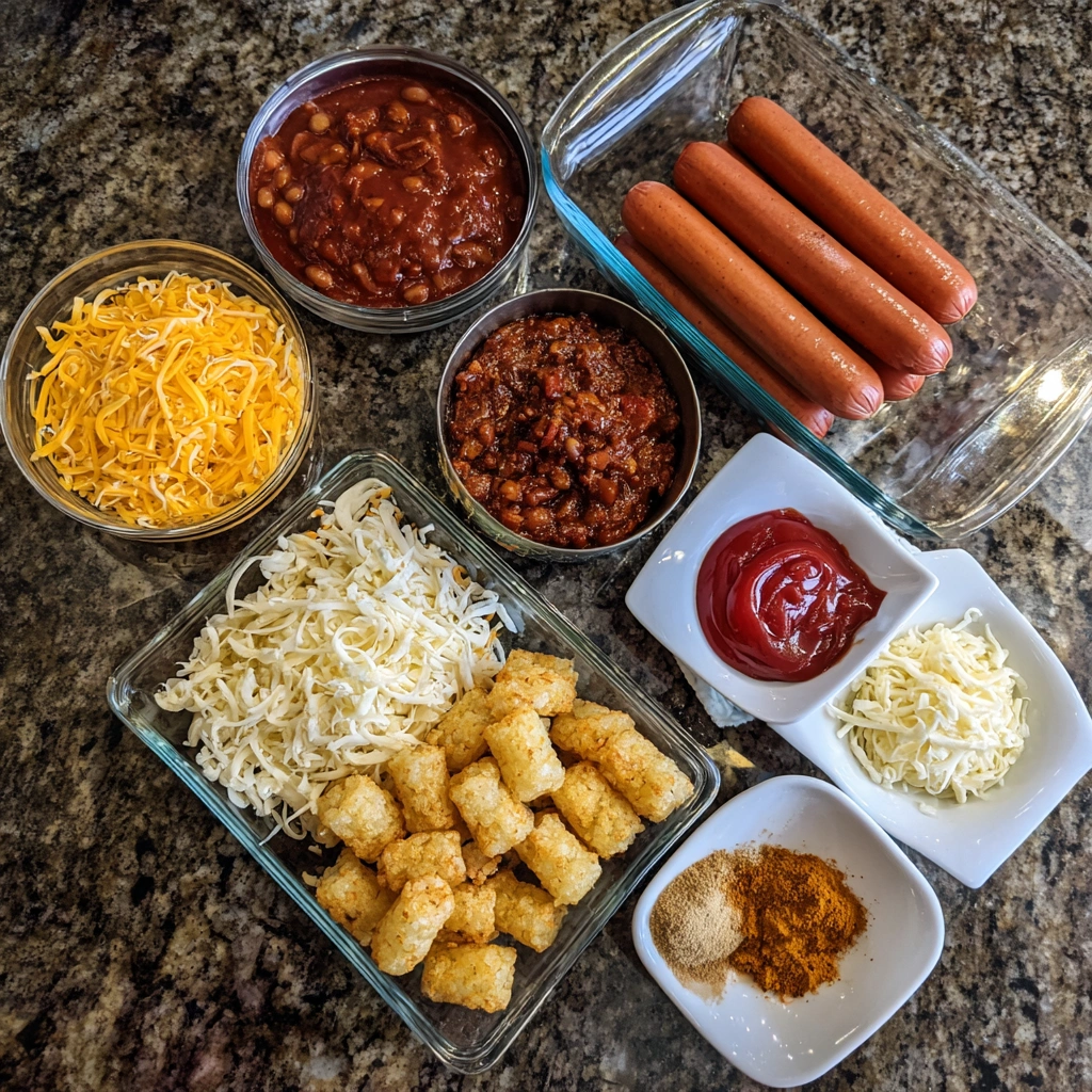 Chili Hot Dog Casserole Recipe The Ultimate Comfort Dish for All Ages 3 ingredients for chili hot dog casserole recipe laid out on a countertop