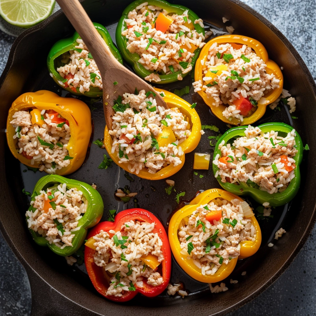 Ground Chicken Stuffed Bell Peppers – An Easy & Healthy Weeknight Meal 3 Filling ground chicken into bell peppers before baking