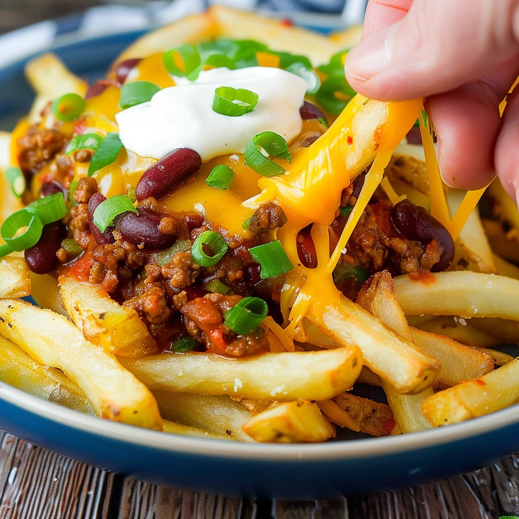 Chili Cheese Fries Recipe: The Best Loaded Fries for Snack Lovers 6 chili cheese fries with beef chili and cheese in cast iron