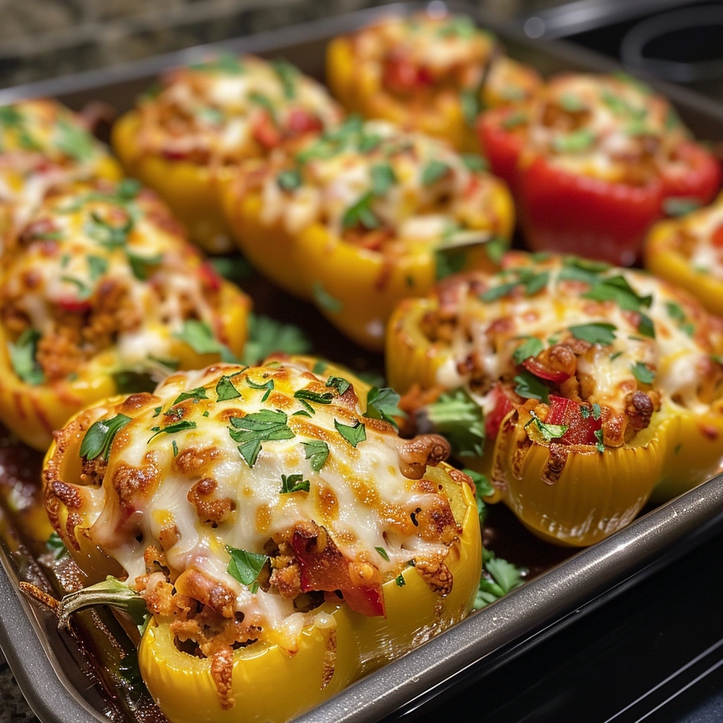 Ground Chicken Stuffed Bell Peppers – An Easy & Healthy Weeknight Meal 4 Meal prep containers with ground chicken stuffed bell peppers